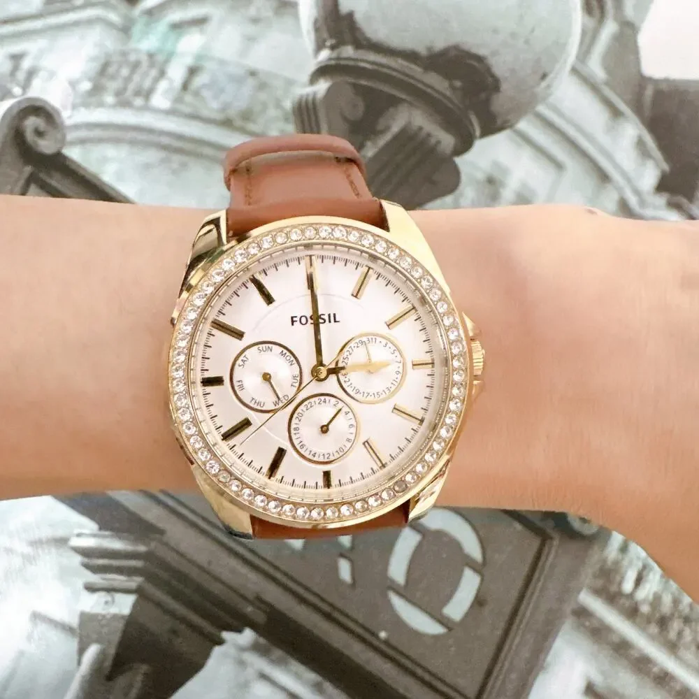 Fossil BQ3414 Women Watch Crystal Bezel Brown Genuine Leather Quartz Wristwatch